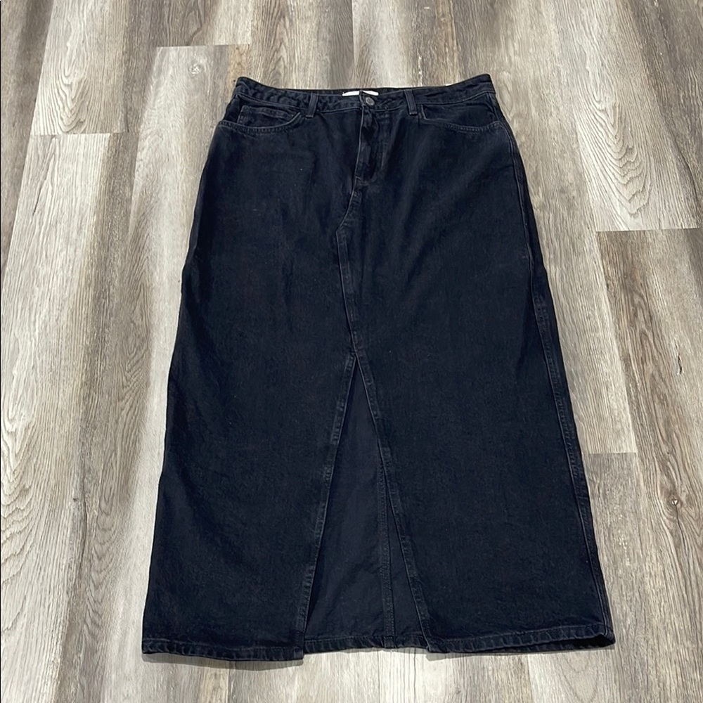 Mango Jean Collection Long Denim Skirt size XL black high waist front slit